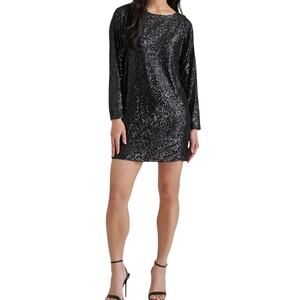 Steve Madden Ginger Sequin Long Sleeve Mini Dress Black Bateau Neck Medium 10